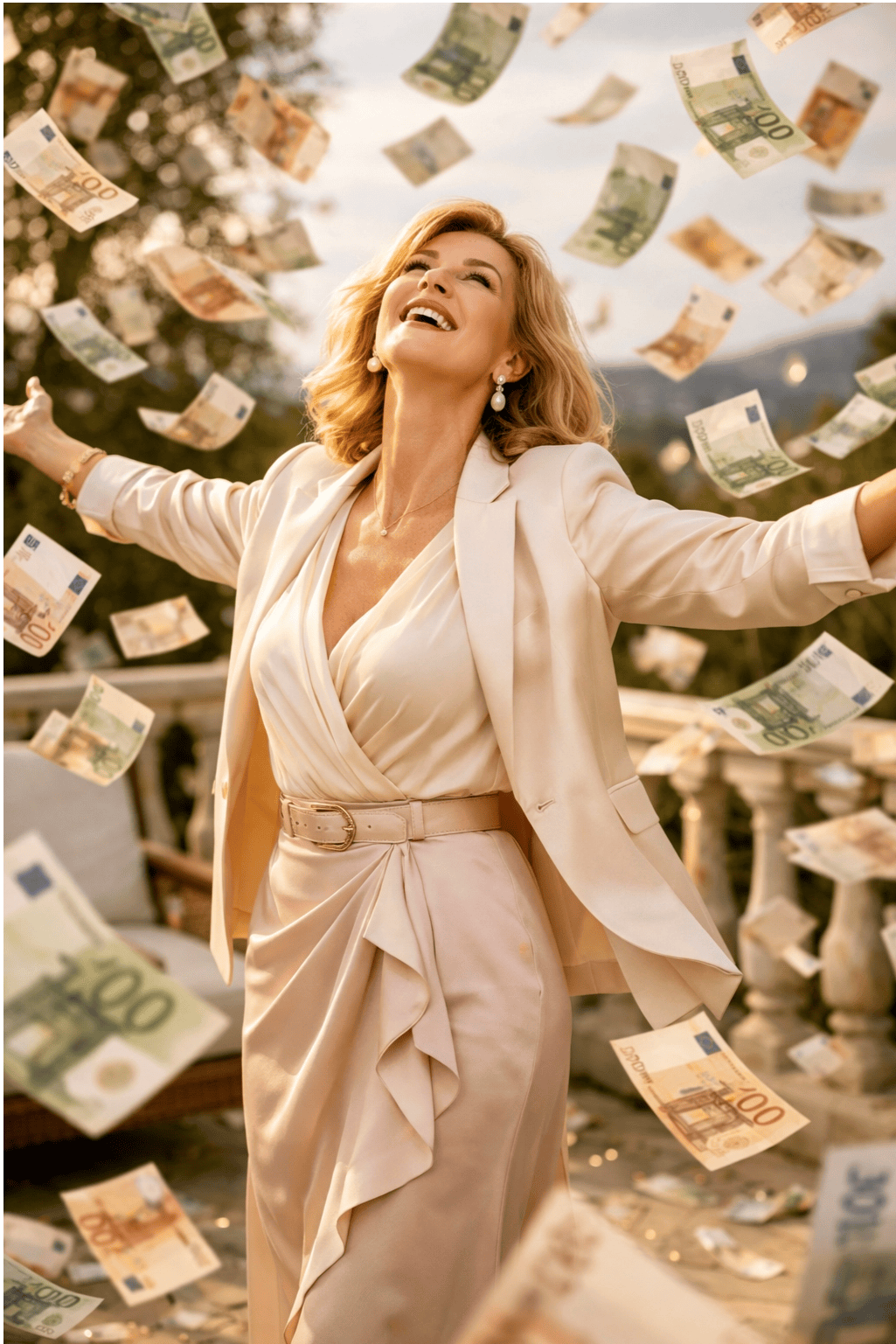 Žena v dešti bankovek