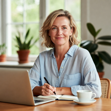 Žena středního věku píše do notesu u počítače