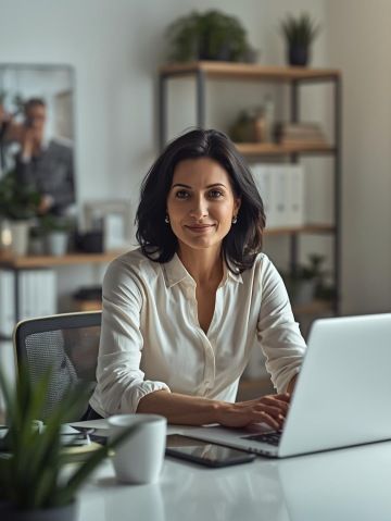 Žena s tmavými vlasy sedí u počítače