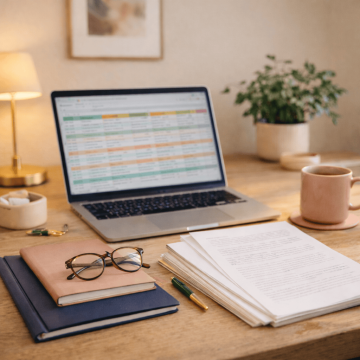 Počítač s tabulkami byznys deníku a pracovní stůl Volnonožky