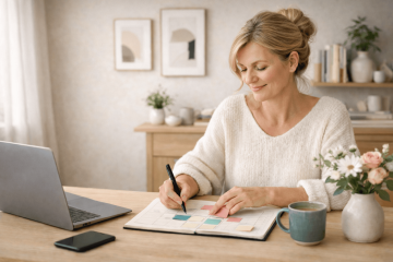 Žena sedí u počítače a plánuje svůj den