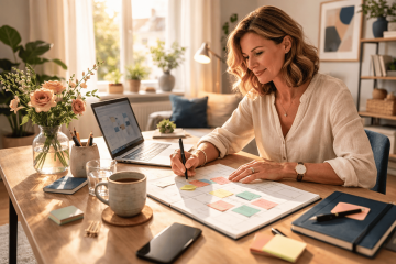 Žena u pracovního stolu plánuje týden