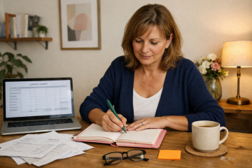 Žena píše do deníku s růžovými deskami