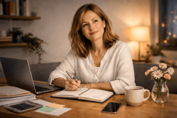 Žena u pracovního stolu přemýšlí o svém podnikání