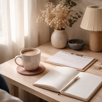 Pracovní stůl s kávou a notesem