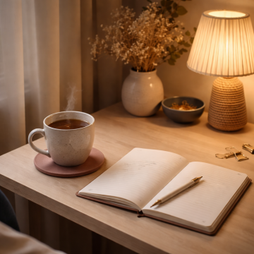 Pracovní stůl s čajem a notesem