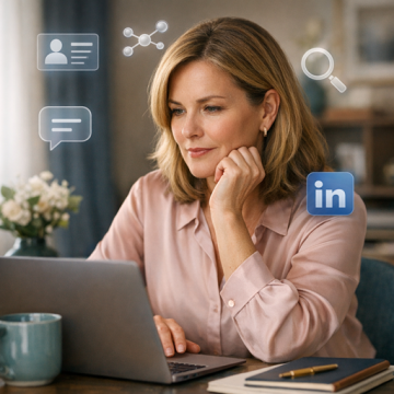 Žena sedí u počítače a vylepšuje svůj profil na LinkedIn