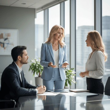 Žena středního věku vyjednává s klienty o ceně