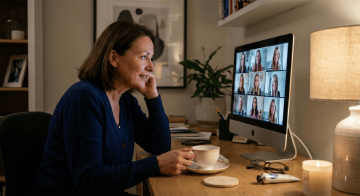 Žena sedí u stolu a dívá se na počítač, kde probíhá online setkání