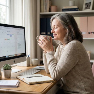 Žena začíná den s hrnečkem kávy