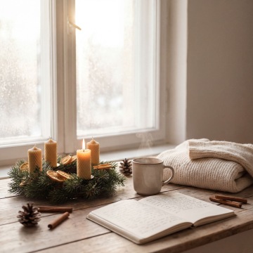 Klidná adventní chvíle se svíčkou a hrnkem čaje – symbol adventního zastavení pro ženy na volné noze