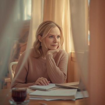 Žena zamyšleně sedí u počítače